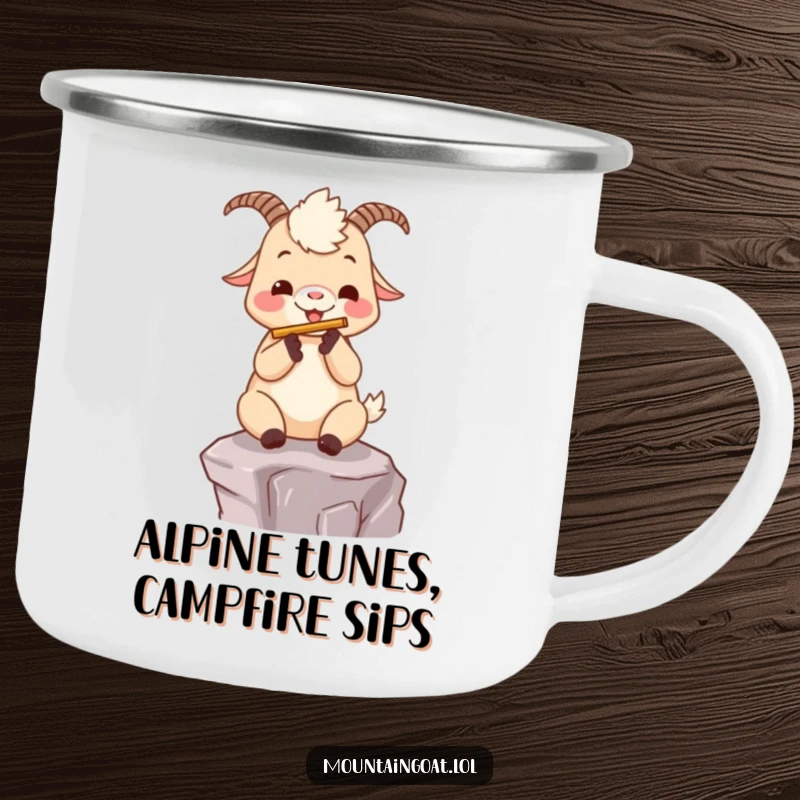 Funny kawaii mountain goat playing a flute on a ledge, designed for musical enjoyment on a camping mug.