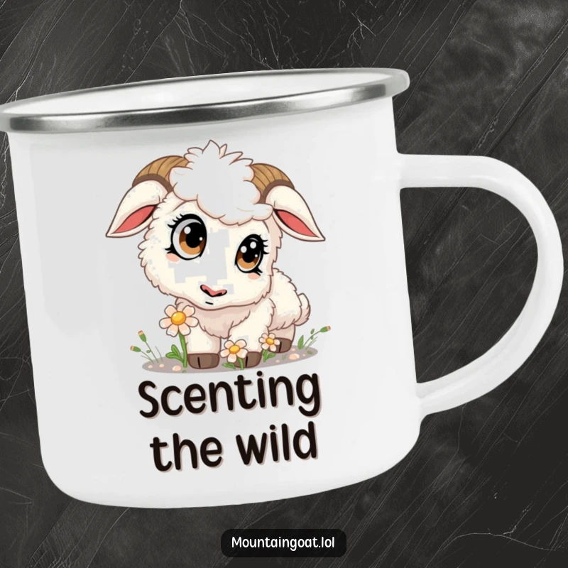Funny kawaii mountain goat with big eyes sniffing a flower, ideal for a camping mug that brings nature indoors.