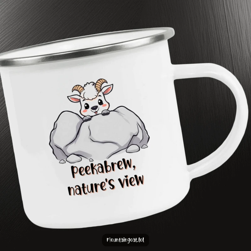 Funny kawaii mountain goat peeking from behind a boulder, on a sturdy enamel camping mug.