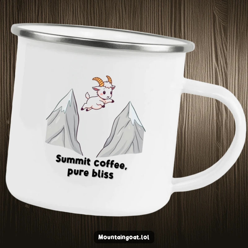 Funny Mountain Goat Camping Mug: A hardy mug with a kawaii goat leaping over peaks, perfect for outdoor humor.
