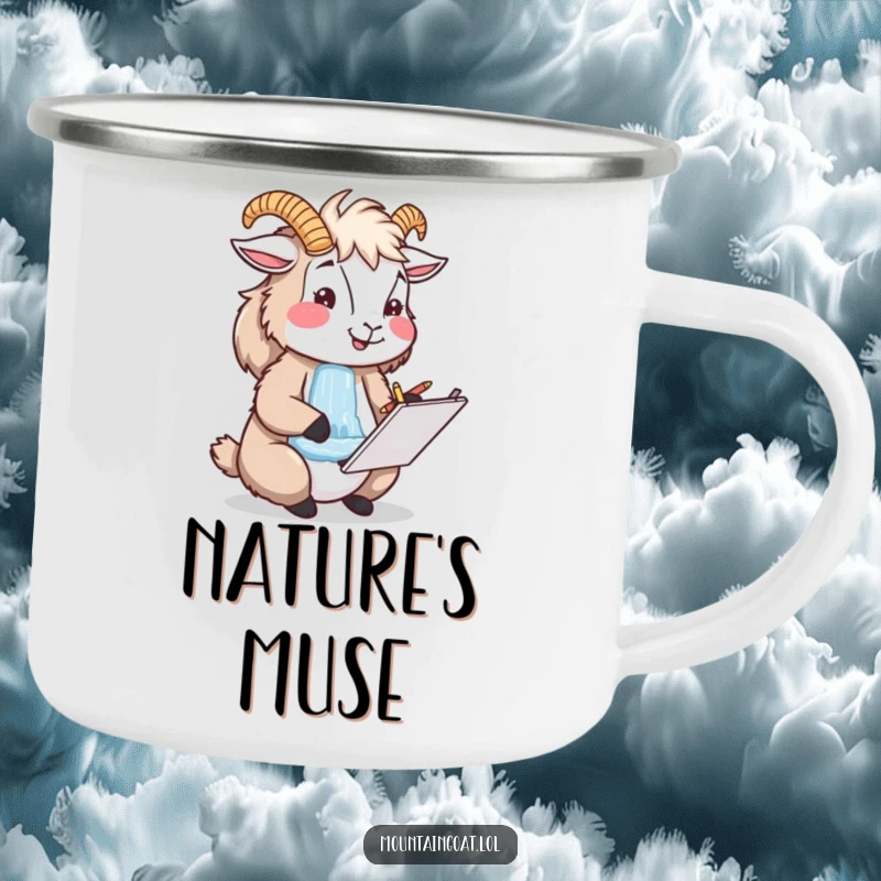 Funny happy mountain goat artist sketching a waterfall, durable camping mug for nature-loving creators.