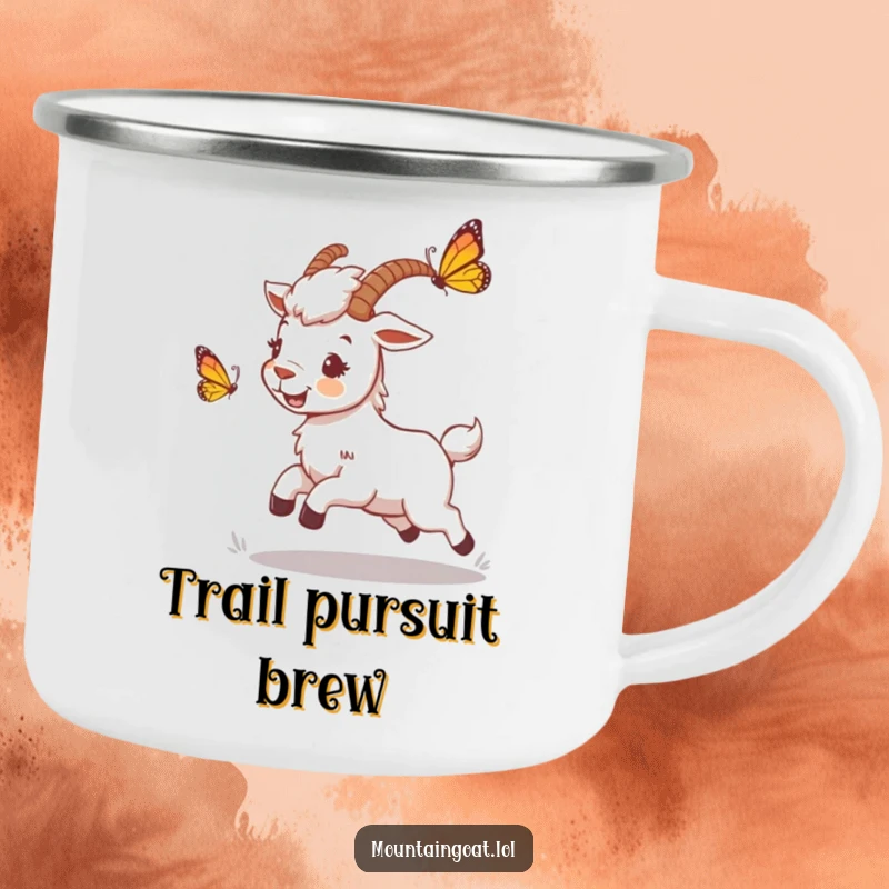 Funny mountain goat camping mug depicting a playful character chasing a butterfly, perfect for adding whimsy to outdoor adventures.