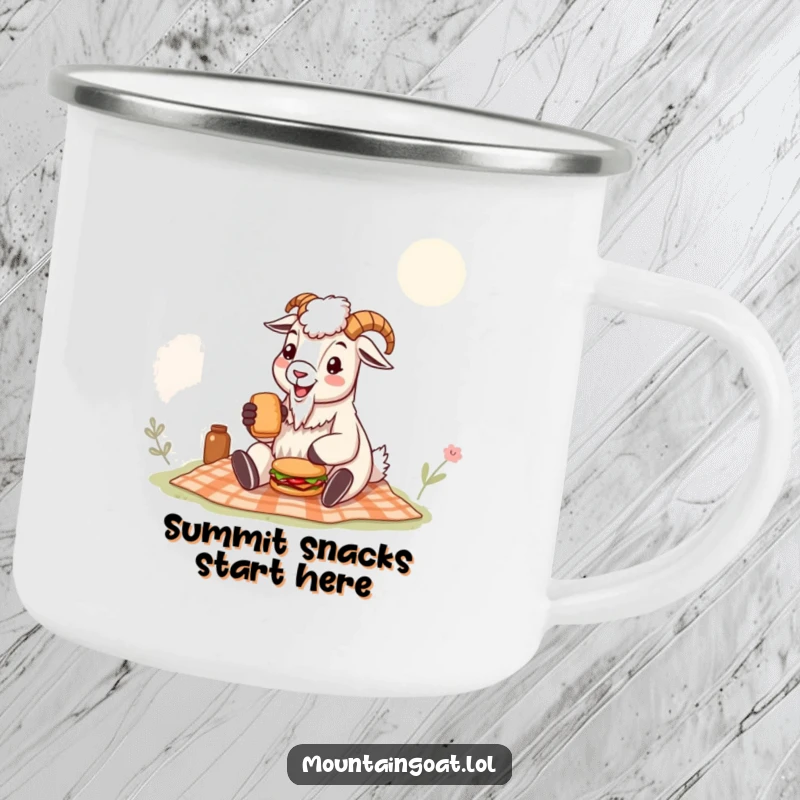 Funny mountain goat camping mug featuring a happy goat with a tiny sandwich during a picnic, ideal for outdoor enthusiasts seeking humor.