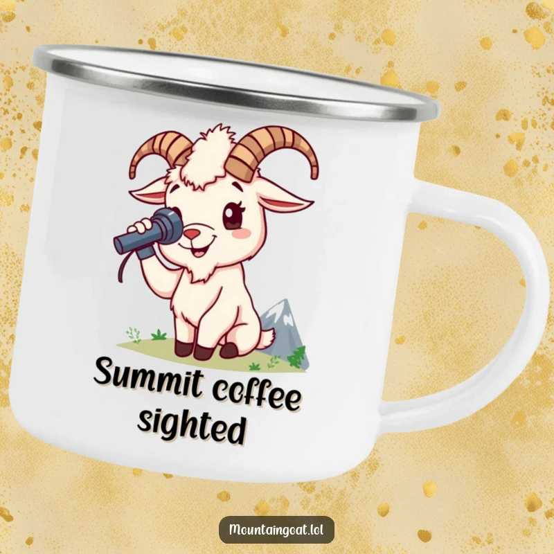 Funny mountain goat camping mug shows a cheerful goat character using a spyglass to view a distant peak, perfect for outdoor sips.