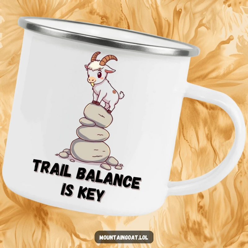 Funny mountain goat camping mug featuring a goat balancing on a stack of pebbles, ideal for outdoor enthusiasts seeking humor.