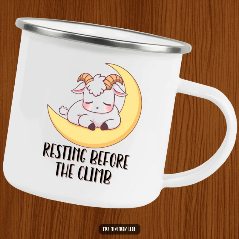 Funny camping mug with a sleepy mountain goat napping on a crescent moon, ideal for outdoor humor.