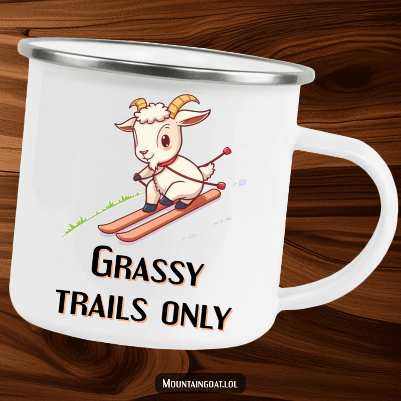 Funny and sturdy camping mug with a goat awkwardly skiing on grass, perfect for enjoying drinks outdoors with a humorous touch.