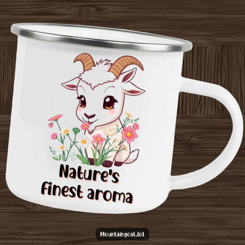 Funny Curious Goat Camping Mug: A wide-eyed goat sniffing mountain flowers, perfect for outdoor adventures.