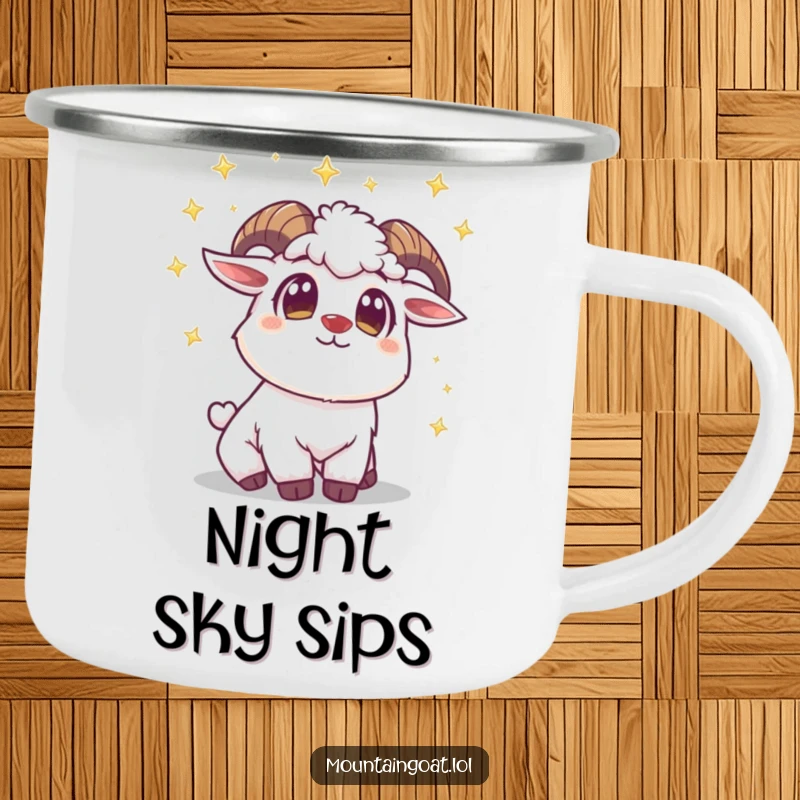 Funny Mountain Goat Star Camping Mug: A wide-eyed goat looks at twinkling stars, perfect for enjoying the night outdoors.