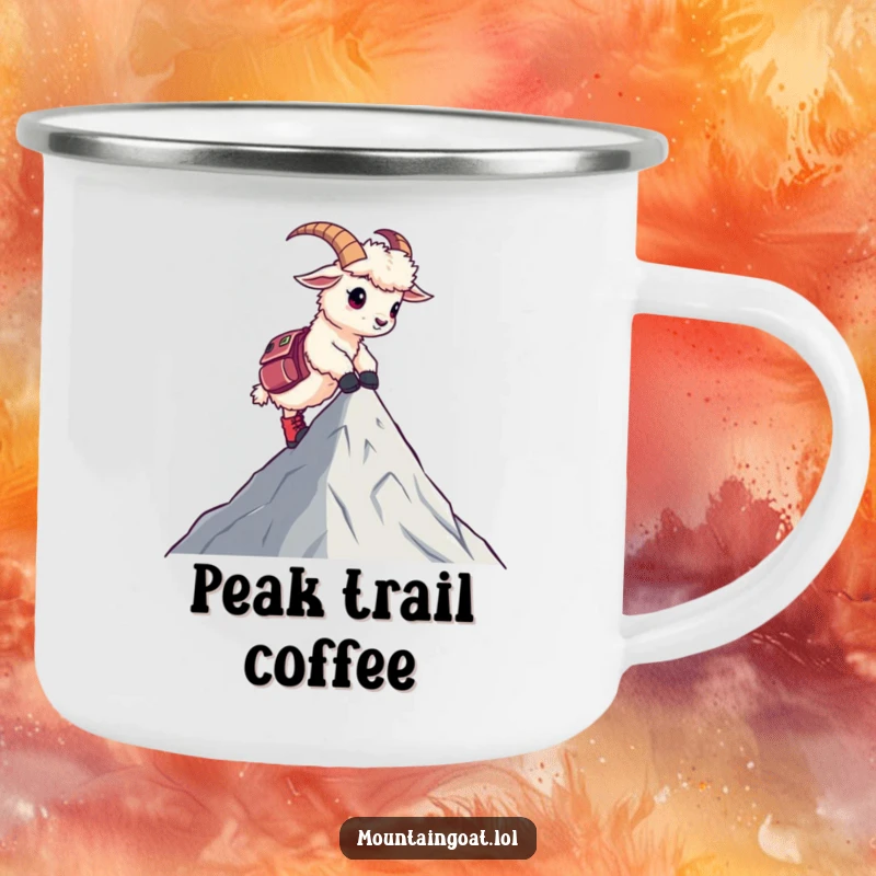 Funny camping mug featuring a cute mountain goat in hiking boots reaching a peak, perfect for humorous outdoor enjoyment.