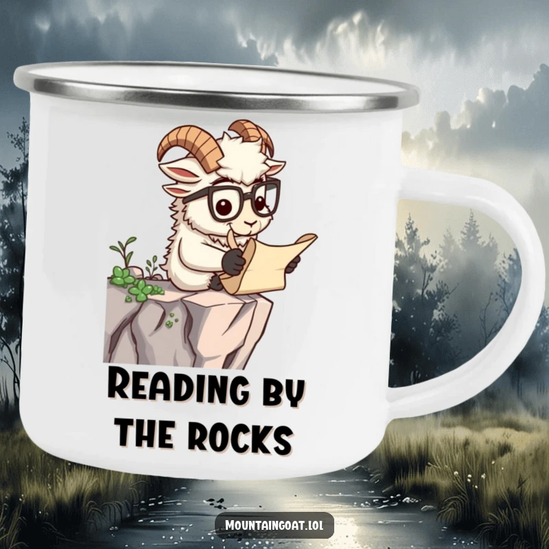 Funny camping mug with a scholarly mountain goat reading a scroll, adding intellectual humor to outdoor adventures.