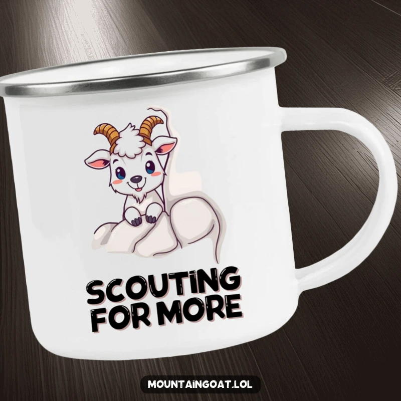 Funny camping mug with a mountain goat character peeking from behind a rock, perfect for outdoor adventures and humorous moments.