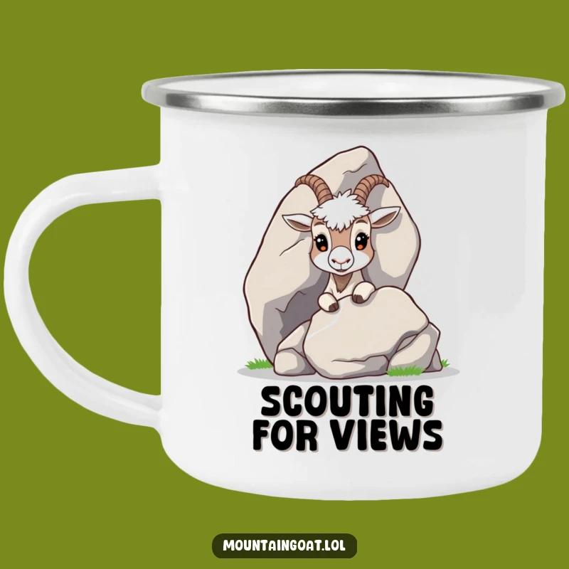 Funny Curious Goat Peeking Camping Mug: Adventure Fuel with Mountain Intrigue