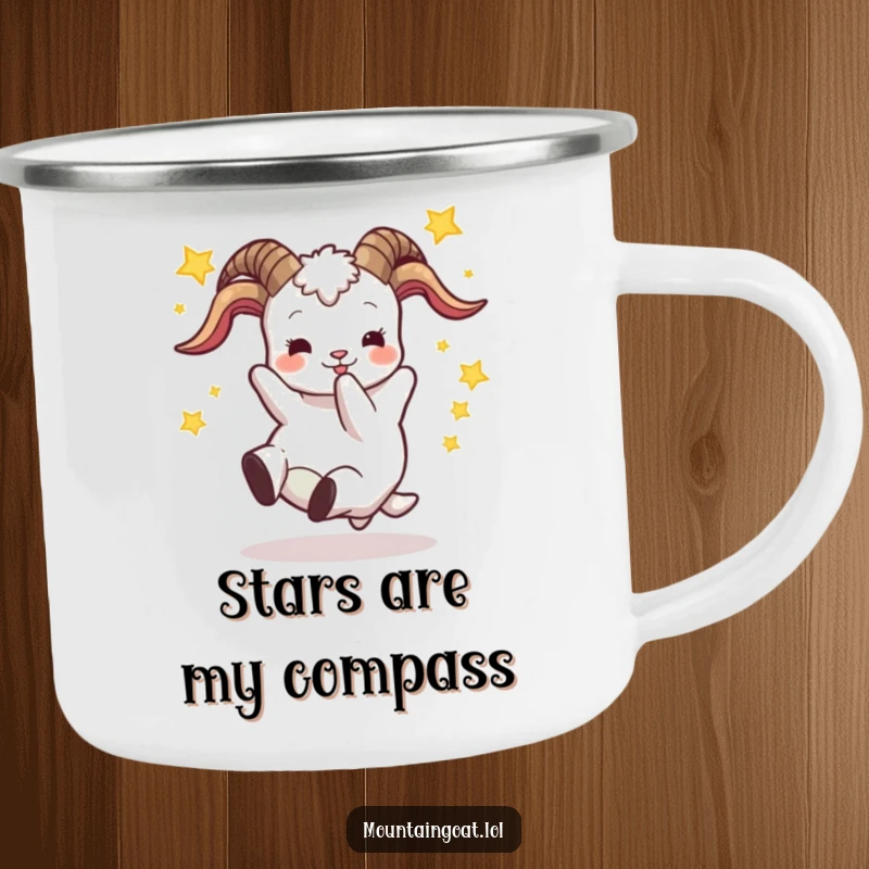 Funny and durable camping mug with a goat falling backward through stars, perfect for enjoying beverages outdoors with a dose of humor.