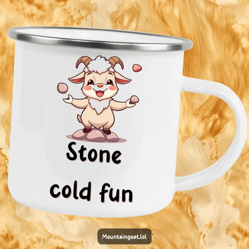 Funny joyous mountain goat juggling shiny pebbles, on a durable camping mug for outdoor enjoyment.