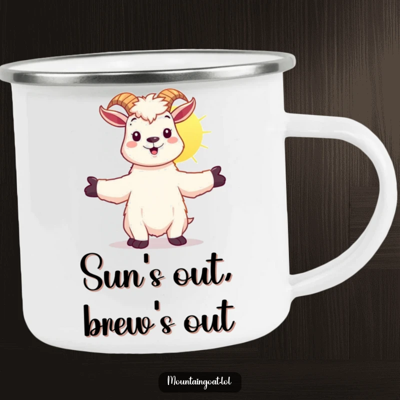 Funny kawaii mountain goat embracing sunshine, on a sturdy enamel camping mug.