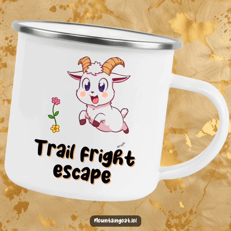 Funny startled goat camp mug, a goat leaping backward with wide eyes, dropping a flower, ready for outdoor surprises.
