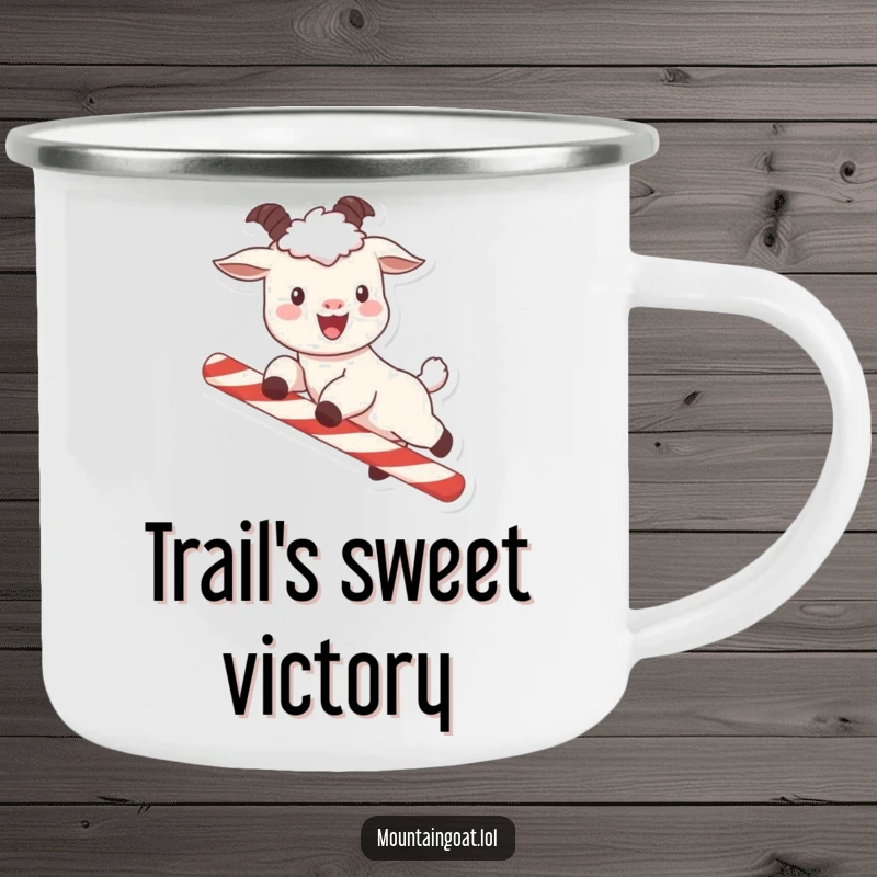 Funny kawaii mountain goat with rosy cheeks joyfully leaping over a candy cane, etched on a rugged and humorous camping mug.