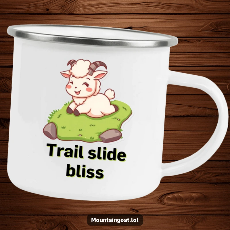 Funny mountain goat on a camping mug, sliding down a grassy slope smiling, ready for adventure.
