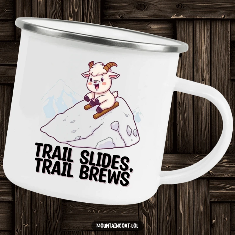 Funny kawaii mountain goat sliding down a snowy mountain, designed for winter adventures on a camping mug.