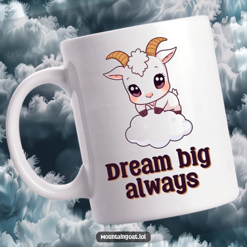 Funny small goat with huge eyes comically leaping over a tiny cloud on a mug, exuding innocence and playful wonder.',