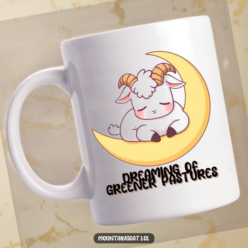 Funny mug featuring a sleepy mountain goat character napping soundly on a glowing crescent moon, radiating peace and humor.
