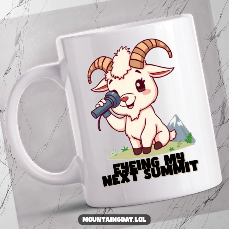 Funny mountain goat mug shows a cheerful goat character using a spyglass to eagerly view a distant mountain peak.