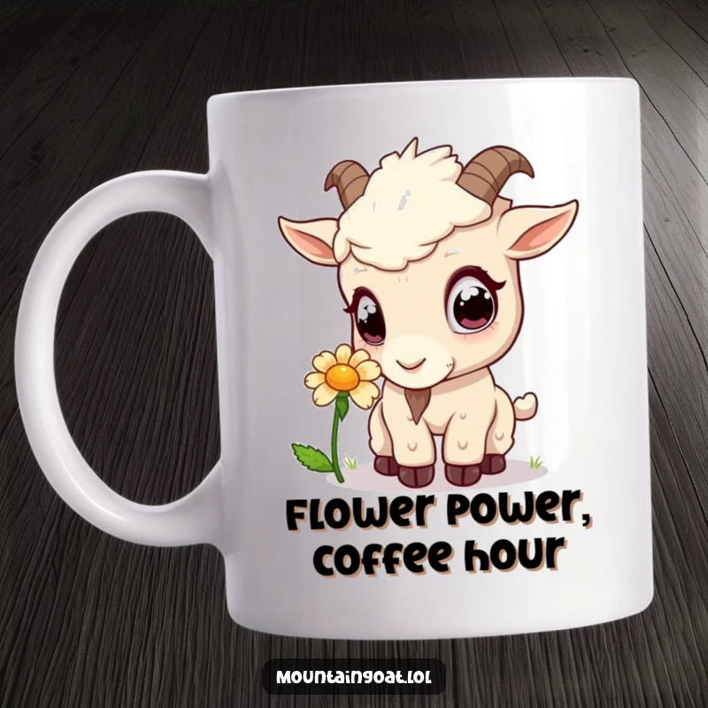 Funny kawaii mountain goat with big, curious eyes gently sniffing a colorful wildflower on a mug.
