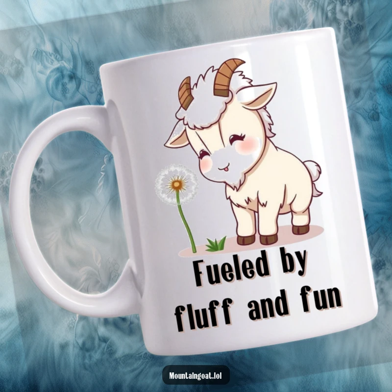 Funny Goat Dandelion Mug: A cute kawaii mountain goat playfully headbutts a large, fluffy dandelion, spreading joy and smiles.