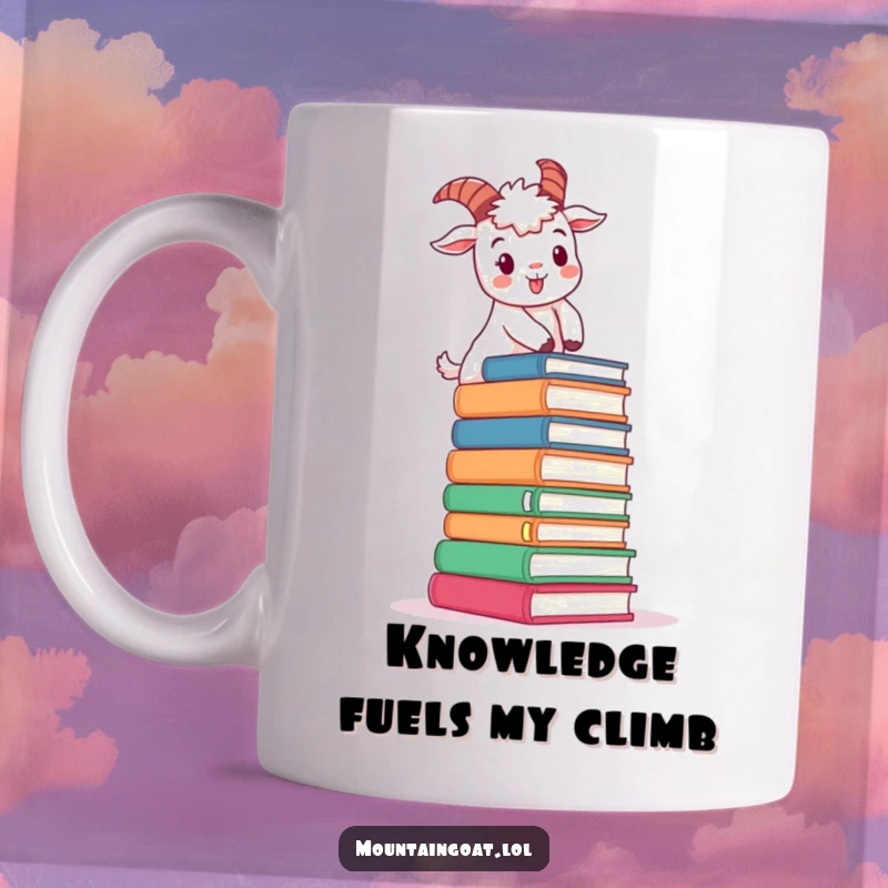 Funny determined mountain goat character mug, cheerfully climbing a tall stack of oversized books, a symbol of ambition.
