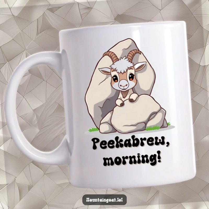 Funny Curious Goat Mug: A curious mountain goat with wide eyes peeks from behind a large, smooth rock.