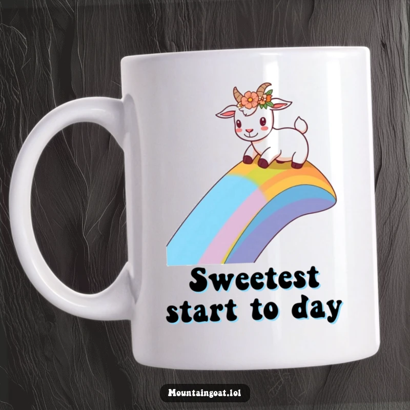 Funny happy goat wearing a flower crown, sliding down a vibrant rainbow slope on a mug, radiating pure bliss and cheerful energy.',