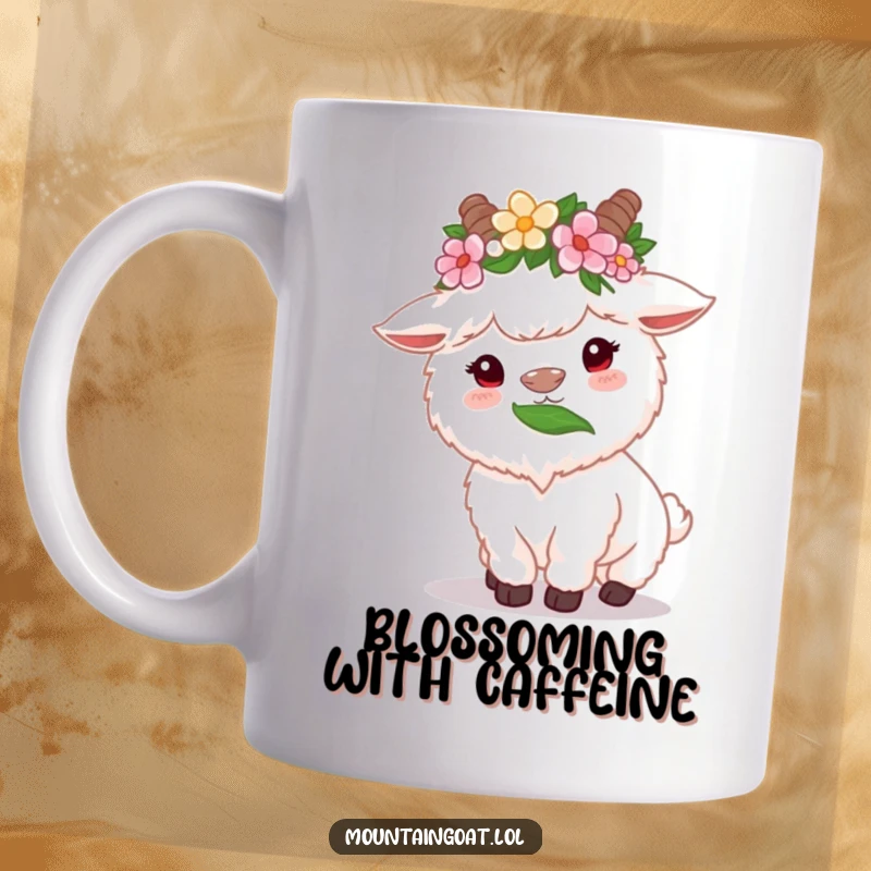 Funny fluffy white mountain goat with flower crown, happily munching on a high leaf, radiating peace and charm.