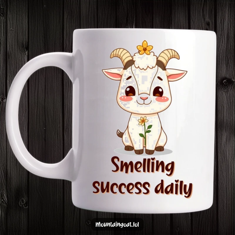 Funny mug featuring a giggling mountain goat character expertly balancing a delicate flower on its nose, radiating pure joy.