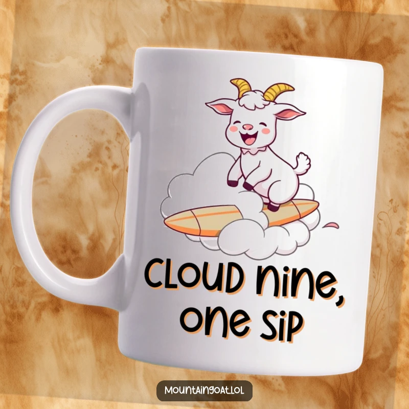 Funny goat gleefully surfing on a fluffy white cloud like a surfboard, bringing pure joy and laughter to this unique mug.