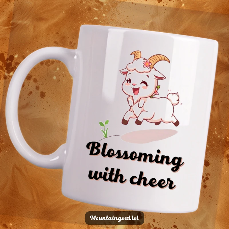 Funny Joyous Goat Mug: A happy mountain goat with flowers in its fur joyfully skips uphill, radiating cheer.