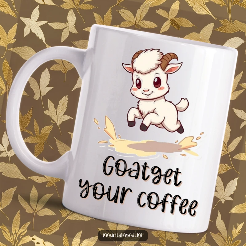 Funny kawaii mountain goat mug, energetic, kicking up dust while running with a joyful attitude.