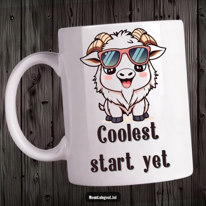 Funny Kawaii mountain goat mug featuring a silly goat wearing oversized sunglasses and smiling, radiating cool and happy vibes.
