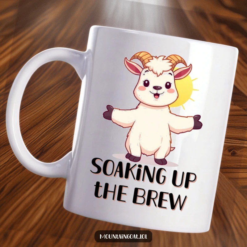 Funny kawaii mountain goat with arms outstretched, joyfully embracing warm sunshine, on a ceramic mug.