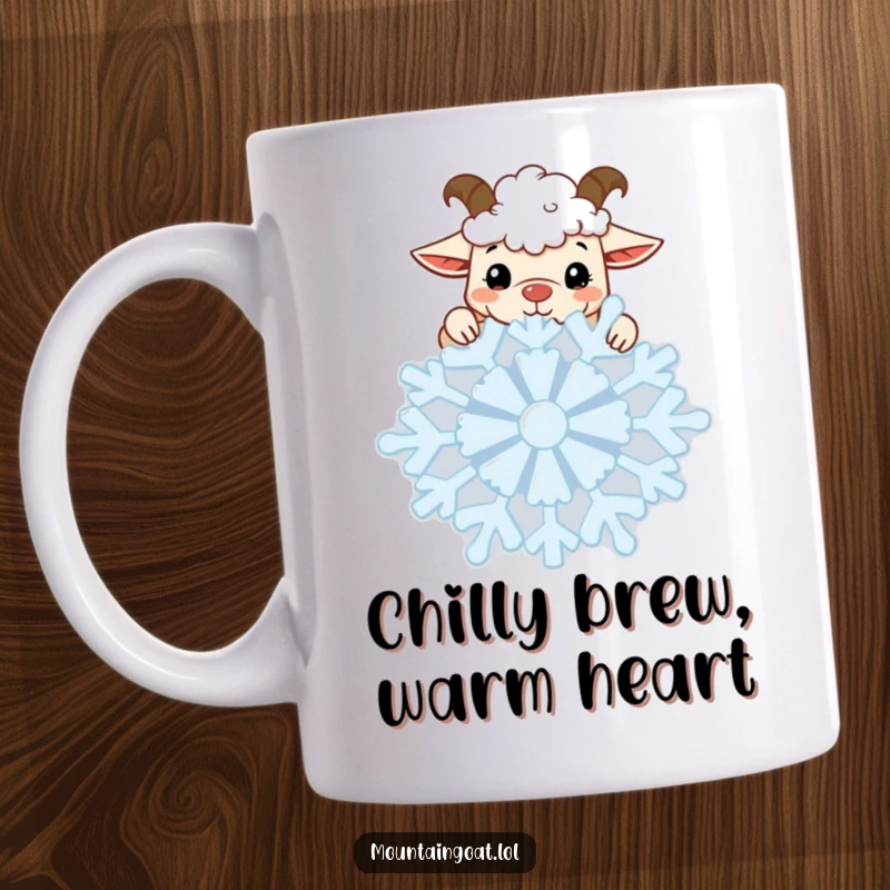 Funny Goat Snowflake Mug: A curious kawaii mountain goat peeks over a large snowflake, bringing winter smiles and humor.