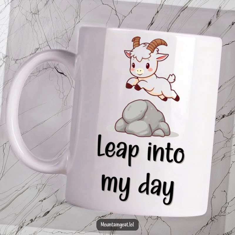 Funny kawaii mountain goat with tiny horns, energetically leaping over a small rock, cute and adventurous mug design.