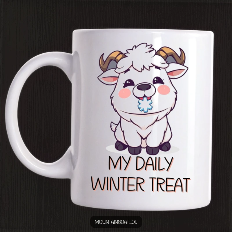 Funny Kawaii mountain goat happily catching a snowflake on its tongue, expressing pure winter delight. A cute and humorous design for a mug.