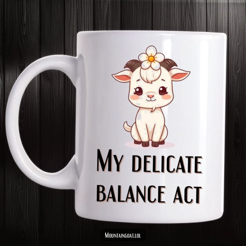 Funny Mountain Goat Mug with a flower perfectly balanced on its head, looking cute and whimsical. A charming character for your desk.