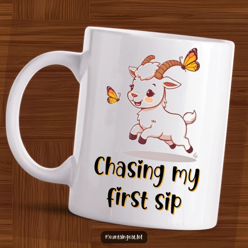 Funny mountain goat mug showing a playful character joyfully chasing a butterfly through a sunny meadow, capturing a moment of lighthearted fun.