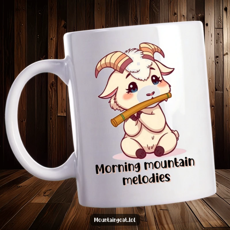 Funny Mountain Goat Flute Mug: A determined goat attempts to play a tiny flute, looking focused yet comical.