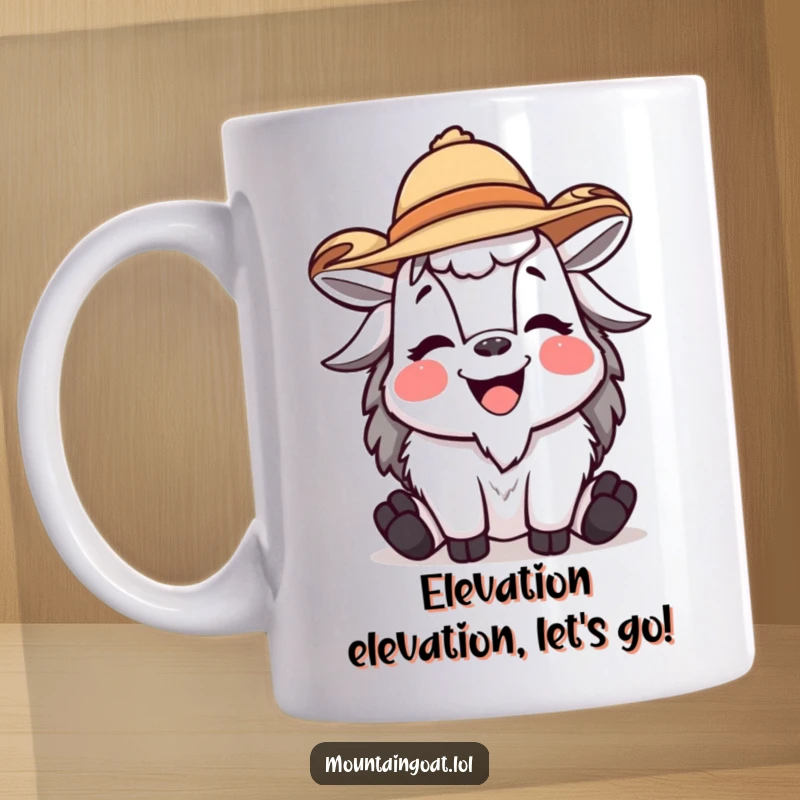 Funny mountain goat mug featuring a laughing character in a small, jaunty hat, expressing pure amusement and a quirky personality.