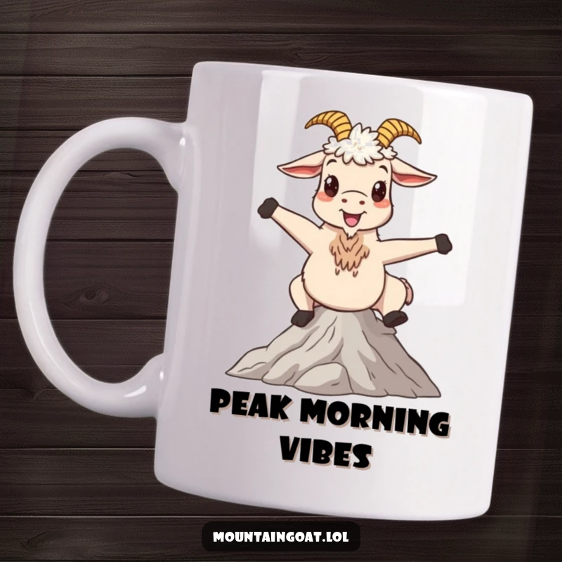 Funny mountain goat mug, happy and striking a whimsical pose on a serene peak, embodying peace and playful spirit.