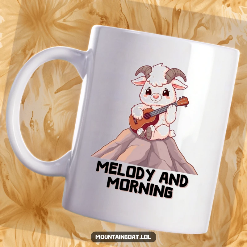 Funny fluffy mountain goat sitting on a mountain peak, happily playing a ukulele, musical and cute mug design.