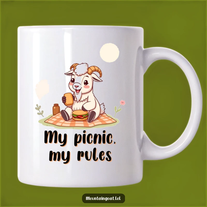 Funny Mountain Goat Picnic Mug: Adorable Goat with Tiny Sandwich, Perfect Humorous Gift