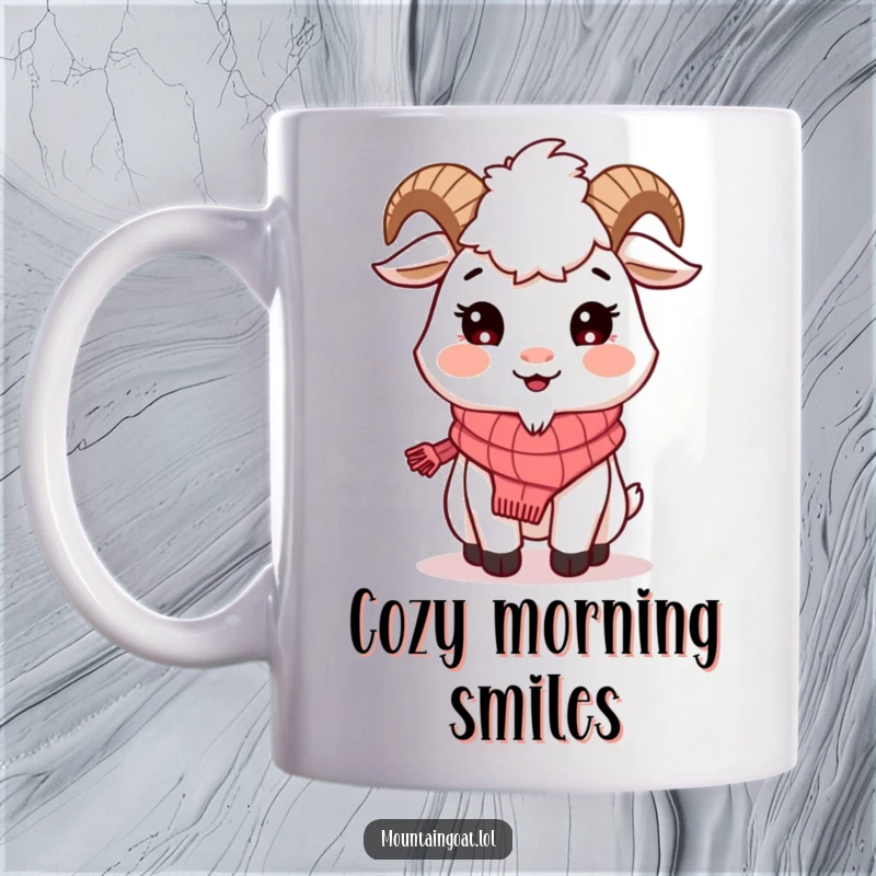 Funny Mountain Goat Scarf Mug: A smiling goat wearing a knitted scarf radiates warmth and friendliness.